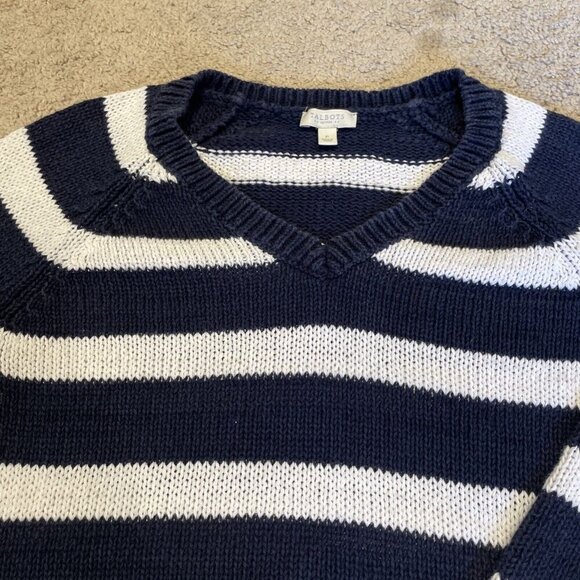 Talbots Navy Blue Stripe Sweater Women's Petite XS Cotton Blend Pullover Preppy - Picture 2 of 9